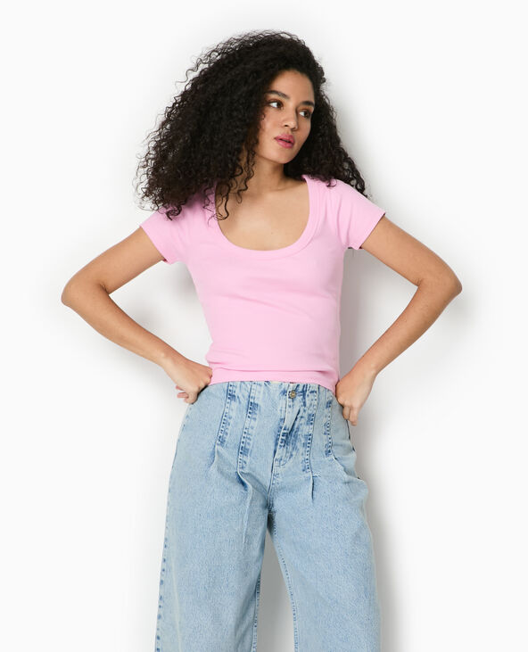 T-shirt maille côtelée grande encolure rose - Pimkie