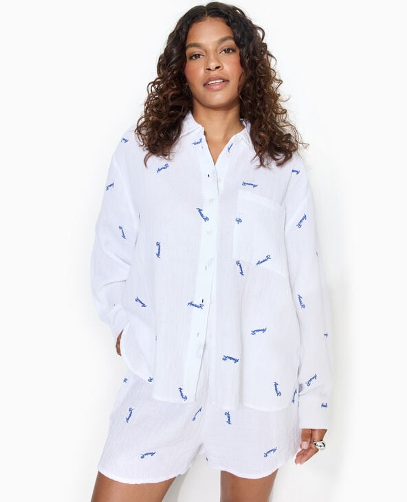 Chemise en gaze de coton avec broderies Amour blanc - Pimkie