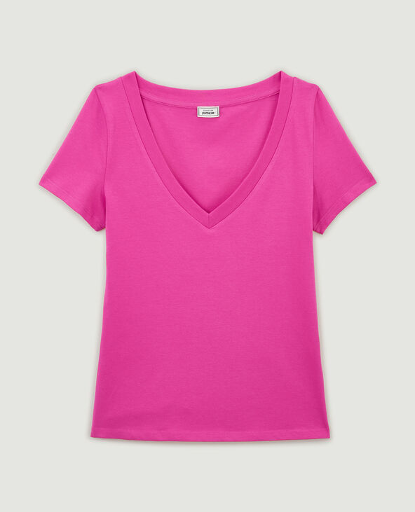 T-shirt basique col V rose fluo - Pimkie