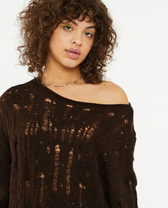 Pull oversize en maille ajourée effet destroy marron - Pimkie
