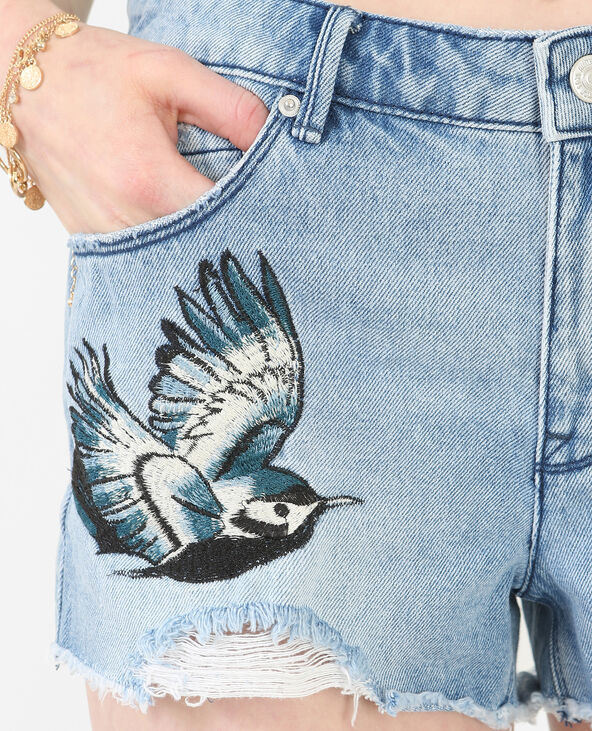 Short en jean destroy brodé bleu - Pimkie