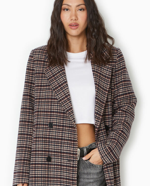 Manteau long avec laine motif carreaux gris foncé - Pimkie
