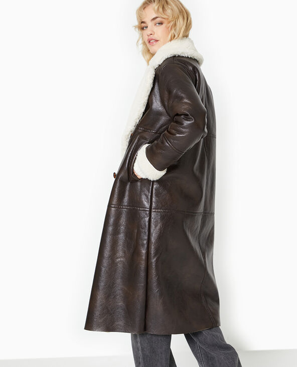 Manteau long en simili et fourrure marron - Pimkie