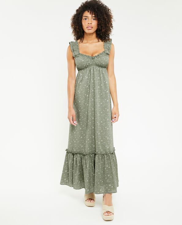 Robe longue motif fleurs avec volants vert kaki - Pimkie