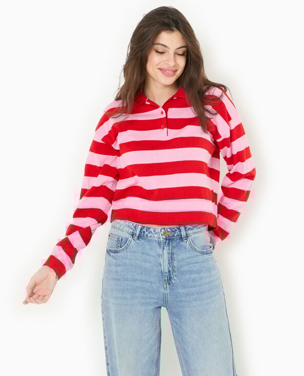 Pull col polo en maille rayée rouge - Pimkie