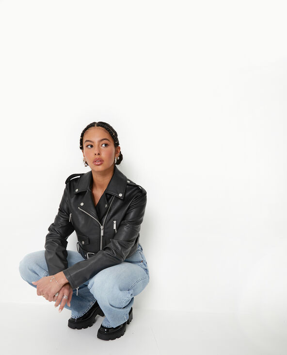 Blouson biker court avec ceinture noir - Pimkie