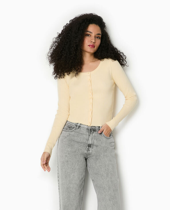 Gilet col rond en maille côtelée Jaune pâle - Pimkie