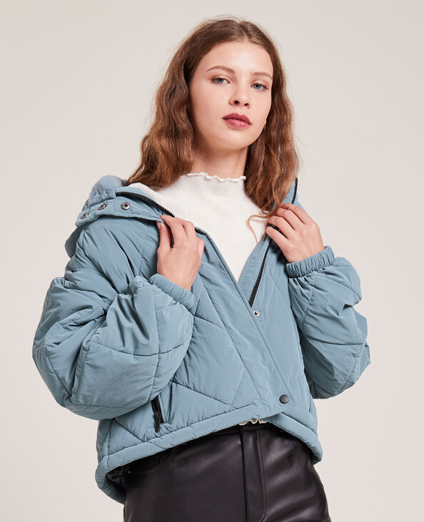 Doudoune cropped avec capuche fourrée bleu - Pimkie