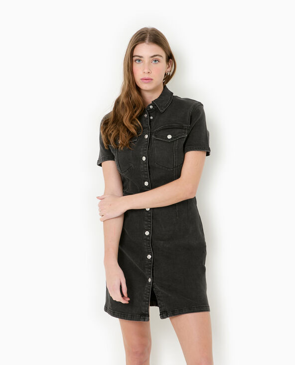 Robe courte boutonnée en jean stretch noir - Pimkie