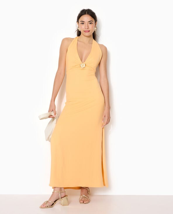 Robe longue dos-nu avec déco bijou fleur orange - Pimkie