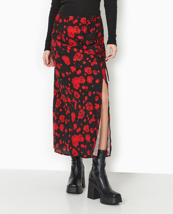 Jupe longue avec nouettes motif roses noir - Pimkie