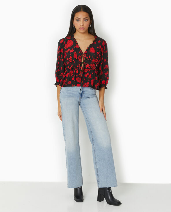 Blouse avec nouettes et volants motif roses noir - Pimkie