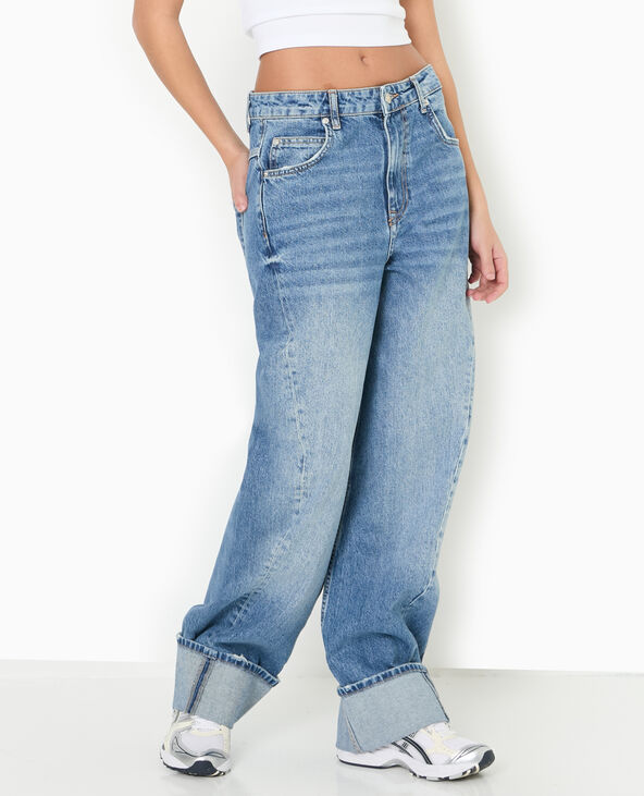 Jean loose avec coutures fantaisie et grands revers bleu - Pimkie