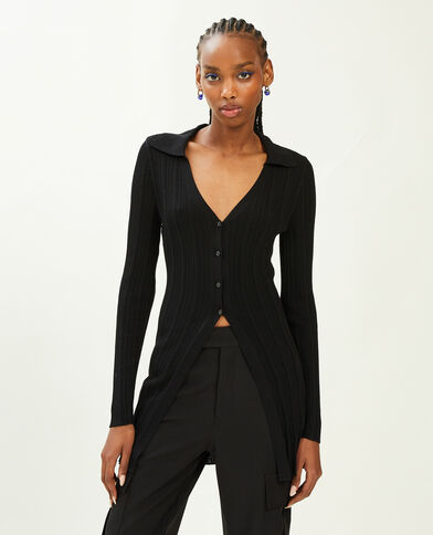 Gilet long en maille côtelée col polo noir - Pimkie