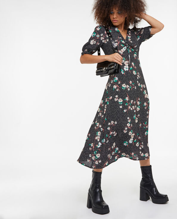 Robe longue avec lien coulissé motif fleurs noir - Pimkie