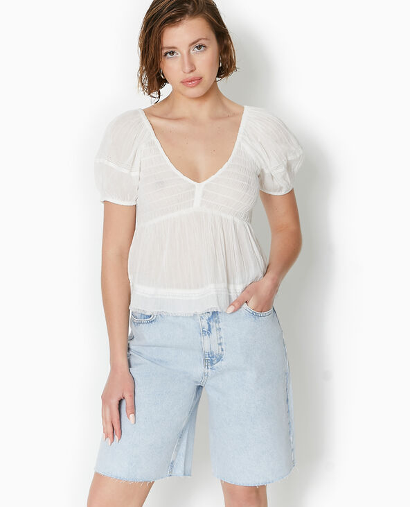Top en tissu léger avec dentelle et smock blanc - Pimkie