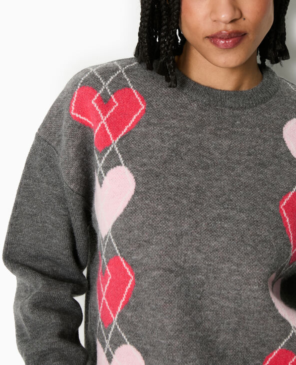 Pull col rond motif jacquard et cœurs gris foncé - Pimkie