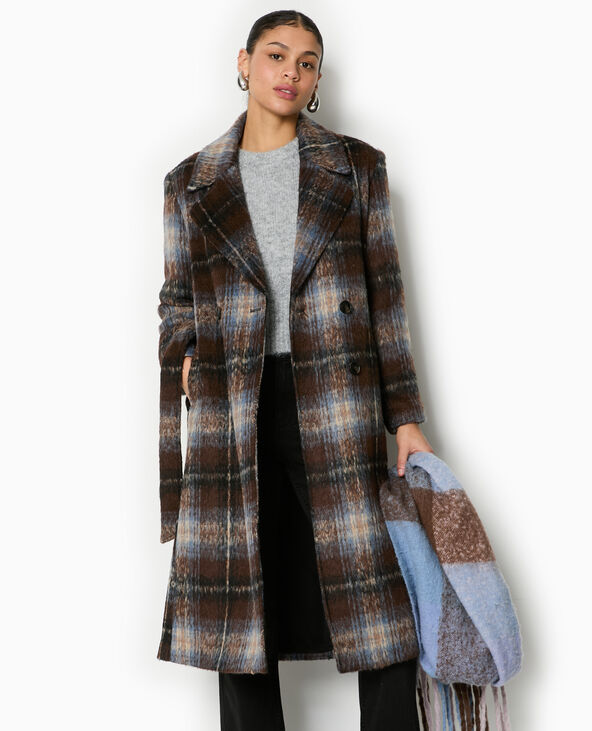 Manteau long à carreaux effet drap de laine marron - Pimkie