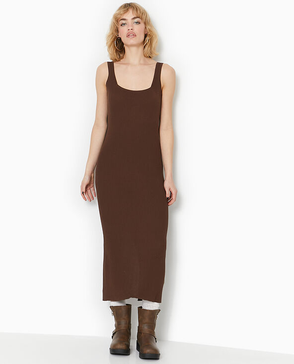 Robe longue à bretelles en maille côtelée marron - Pimkie