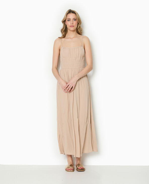 Robe longue à bretelles en tissu froissé beige - Pimkie