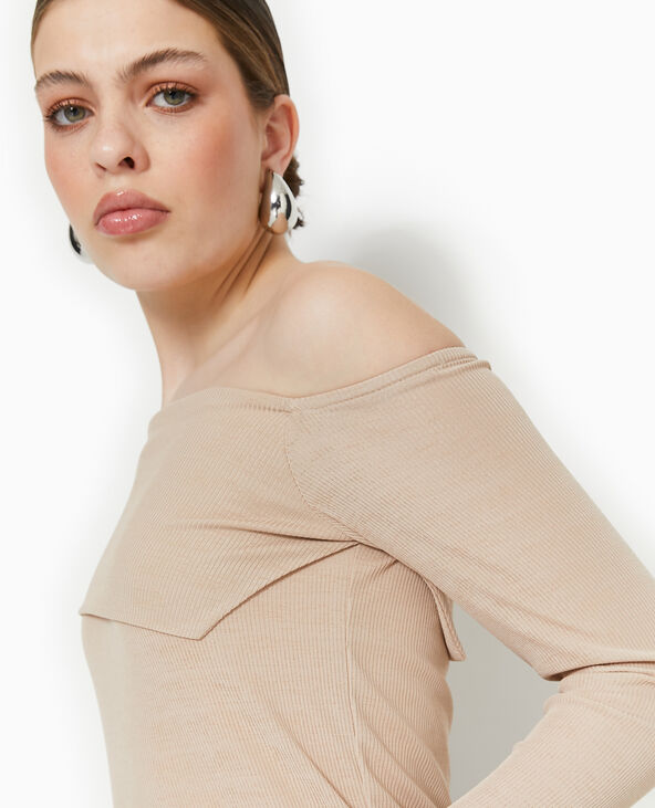 Top en maille côtelée encolure Bardot beige - Pimkie