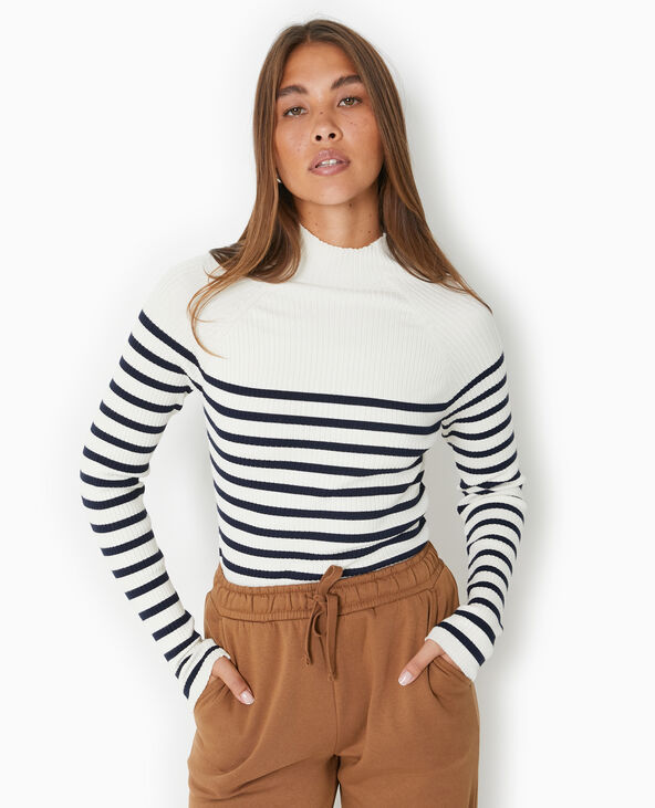 Pull fin rayé en maille côtelée col montant écru - Pimkie
