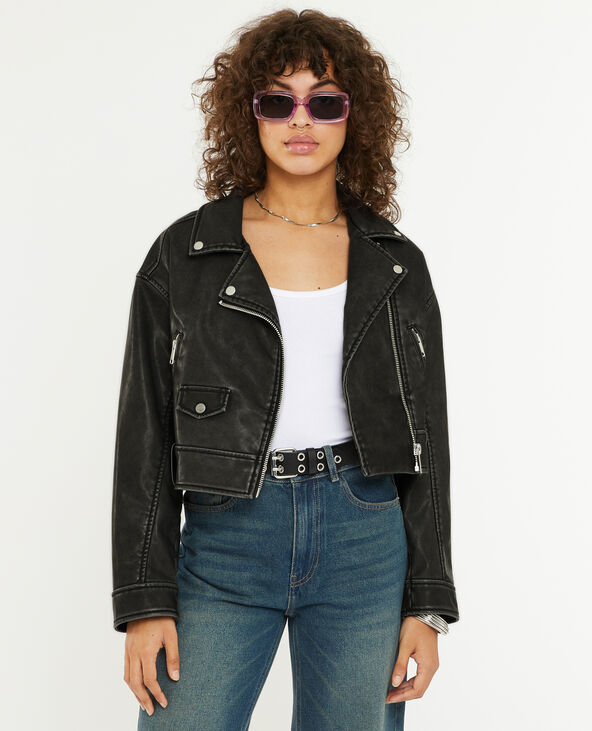 Blouson biker court effet usé gris foncé - Pimkie