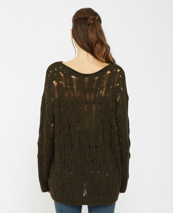 Pull oversize en maille ajourée effet destroy vert kaki - Pimkie