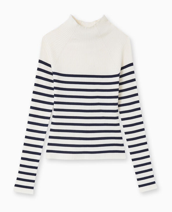 Pull fin rayé en maille côtelée col montant écru - Pimkie
