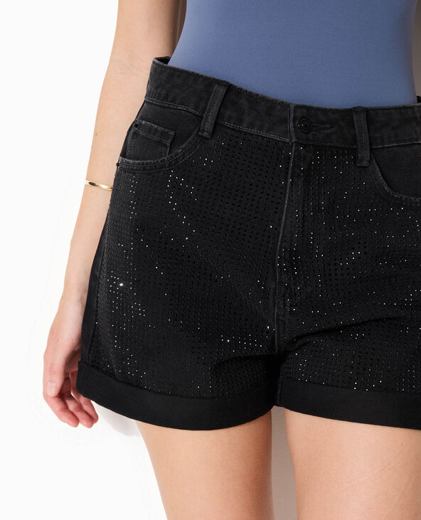 Short en jean taille haute avec strass noirs devant noir - Pimkie