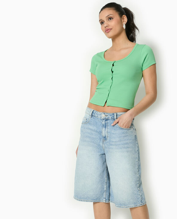 T-shirt court boutonné en maille côtelée vert clair - Pimkie