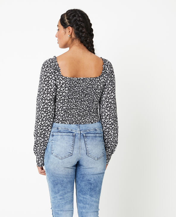 Blouse courte encolure cœur motif fleurs noir - Pimkie