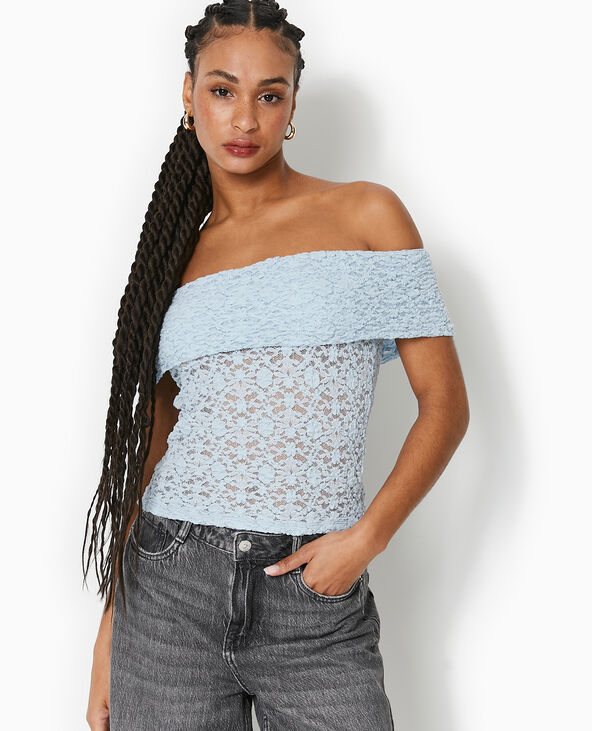 Top en dentelle encolure Bardot bleu clair - Pimkie