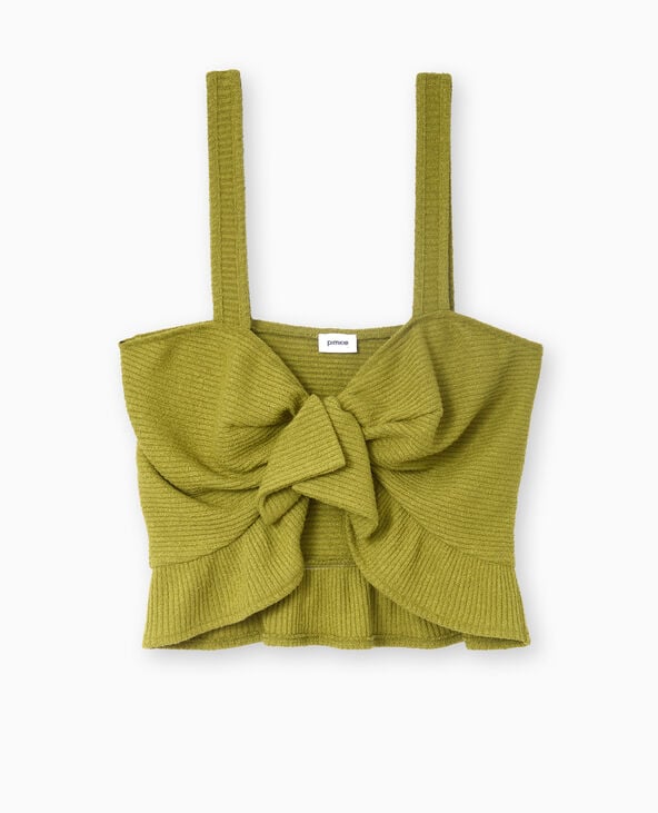 Top court en maille avec nœud et volant vert kaki - Pimkie