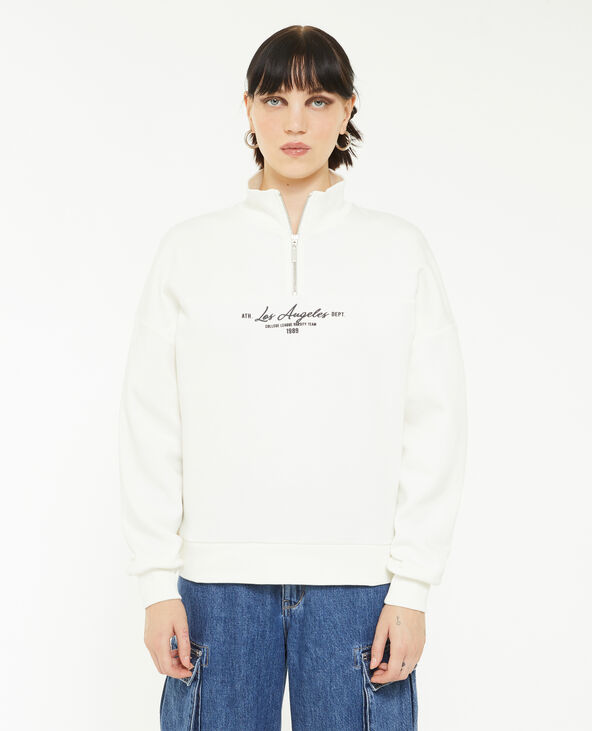 Sweat avec flocage col zippé blanc - Pimkie