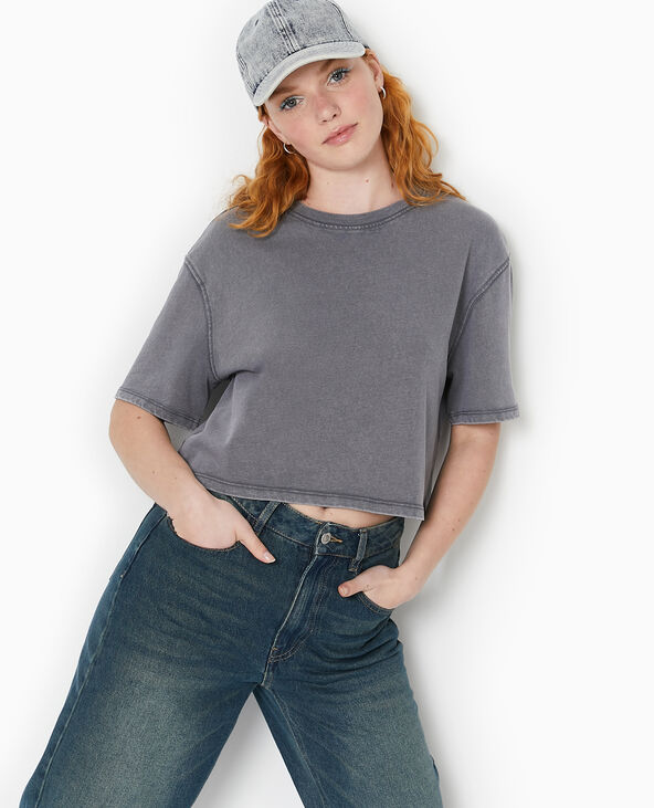 T-shirt court en coton épais effet délavé gris foncé - Pimkie