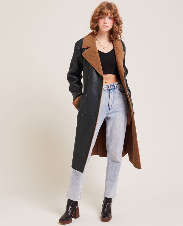 Manteau long simili et sherpa noir - Pimkie