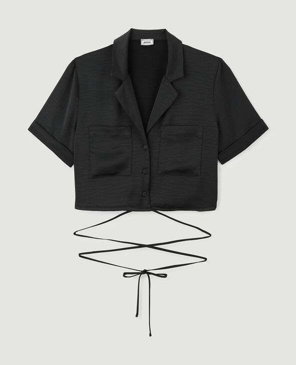 Chemise cropped en satin noir - Pimkie