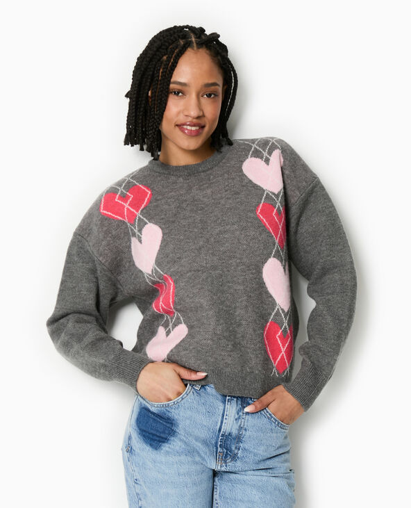 Pull col rond motif jacquard et cœurs gris foncé - Pimkie