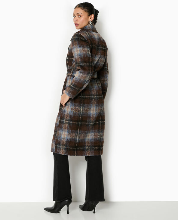 Manteau long à carreaux effet drap de laine marron - Pimkie