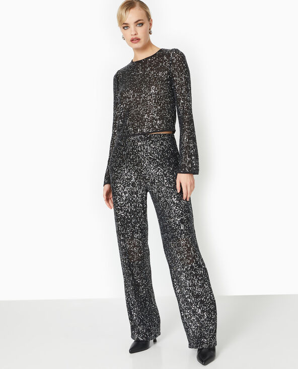Pantalon large et doit avec sequins noir - Pimkie