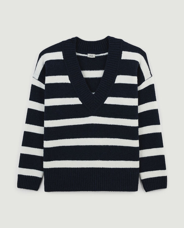 Pull droit rayé avec grand col V bleu marine - Pimkie