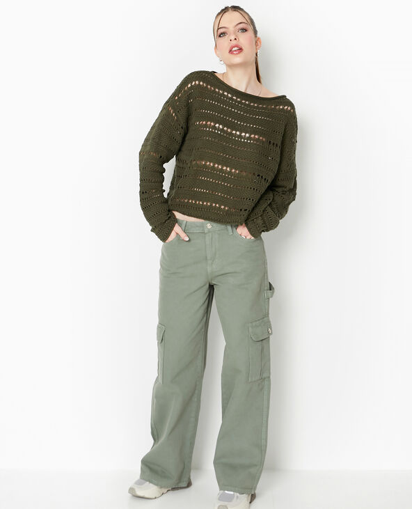 Pull en maille ajourée façon crochet vert kaki - Pimkie