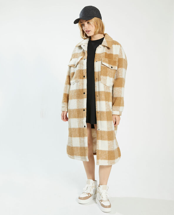 Manteau long oversize à carreaux avec laine camel - Pimkie