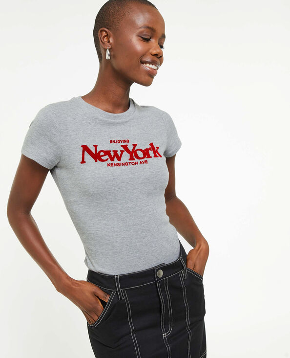 T-shirt manches courtes avec flocage velours gris chiné - Pimkie
