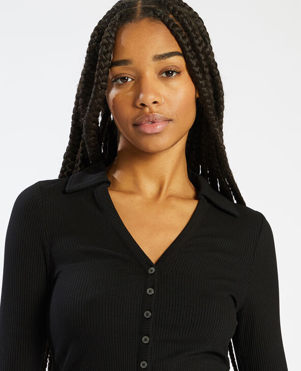 T-shirt côtelé à boutons noir - Pimkie
