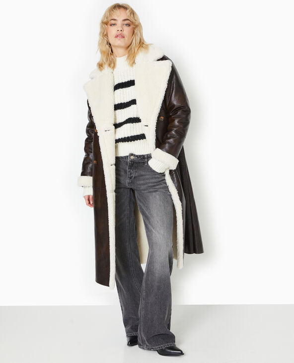 Manteau long en simili et fourrure marron - Pimkie