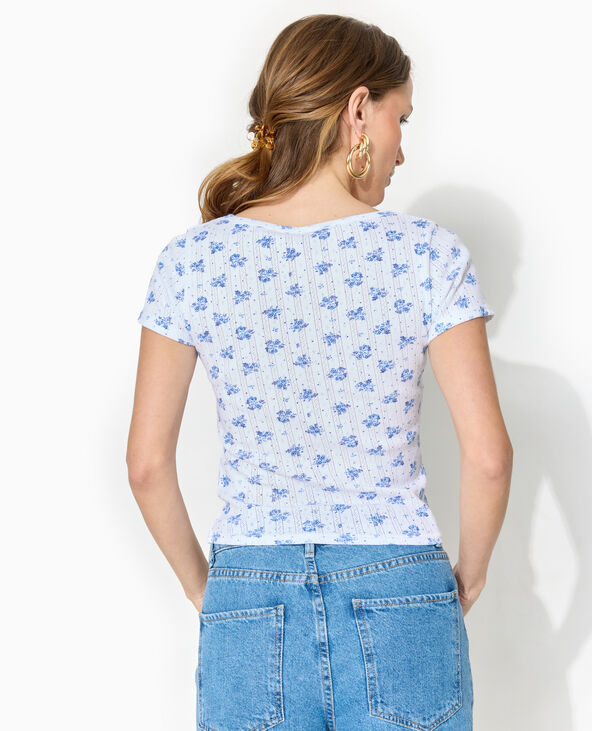 T-shirt boutonné en maille pointelle motif fleurs blanc - Pimkie