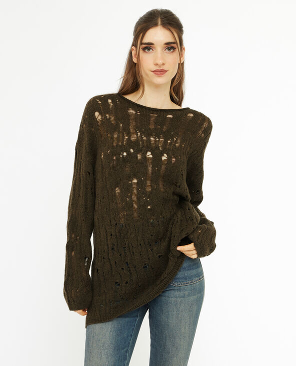 Pull oversize en maille ajourée effet destroy vert kaki - Pimkie