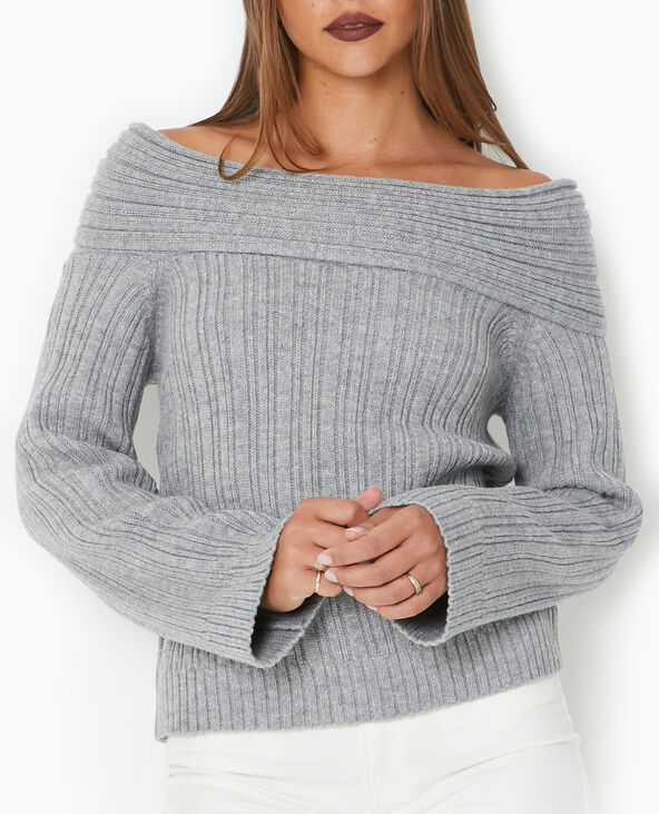Pull en maille côtelée avec encolure Bardot gris chiné - Pimkie